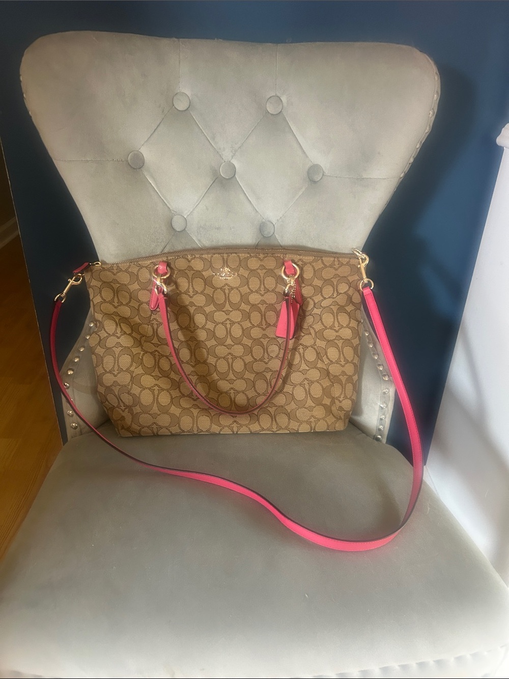 Coach Brown Signature Canvas Shoulder Bag with Pink Trim